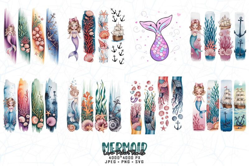 20 Trendy Retro Mermaid Graphics t-shirt design jpeg & png design