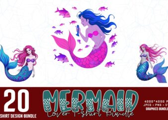 20 Watercolour Cute Mermaid Illustration T-shirt design – download instantly