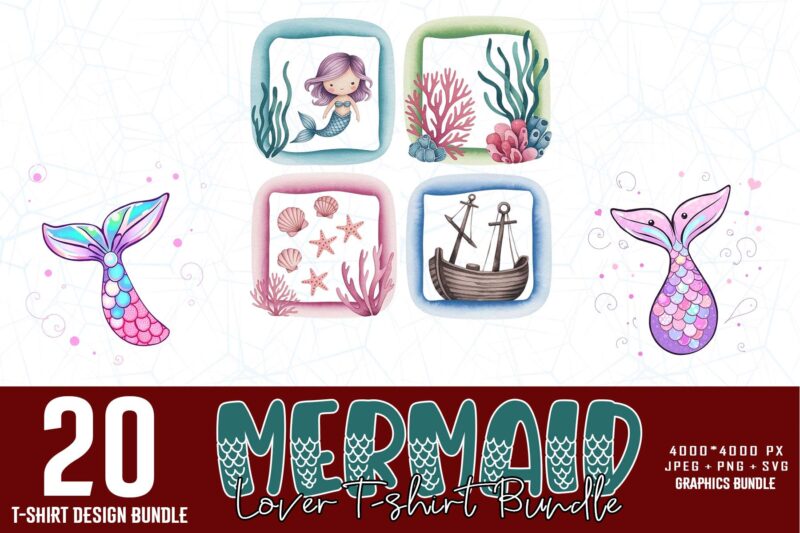 20 Trendy Retro Mermaid Graphics t-shirt design jpeg & png design