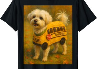 Cute White Maltese Dog School Bus Costume Vintage Funny Art T-Shirt