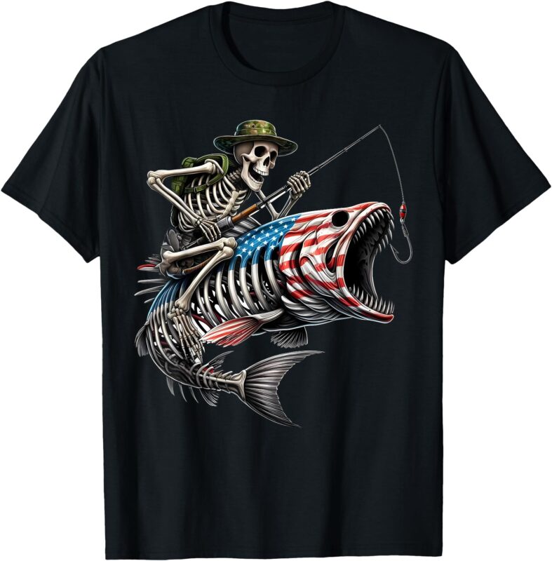 Fishing American Flag Bass Fish Skull Skeleton Fisherman T-Shirt