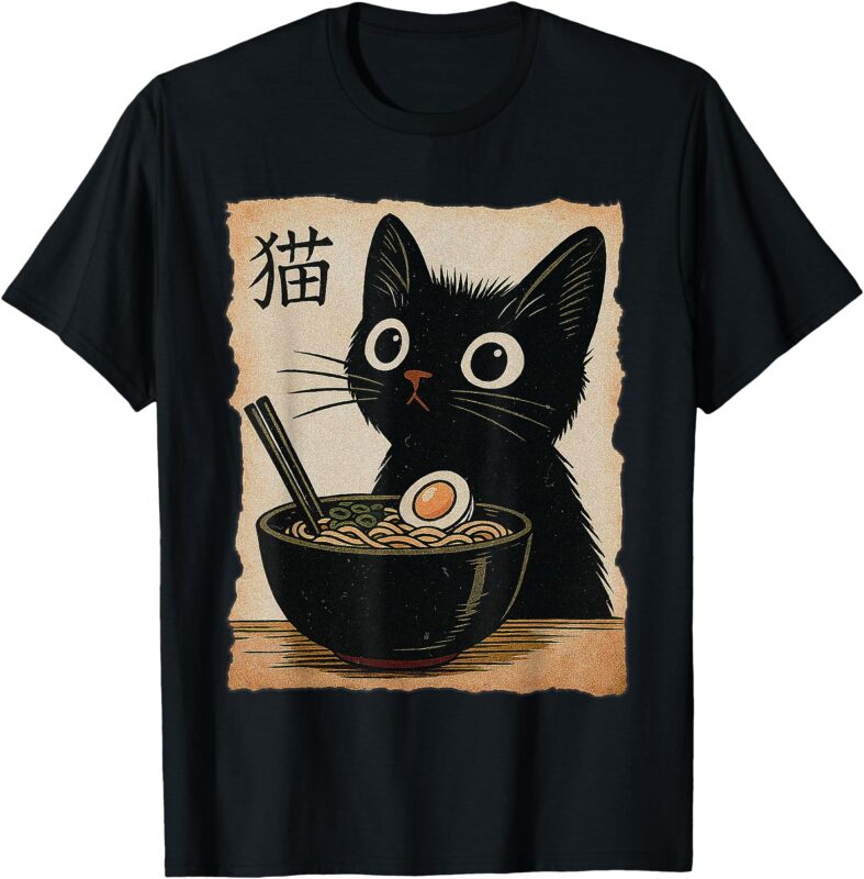 Funny Cat Ramen Graphic Tee Japanese Retro Anime Neko T-Shirt