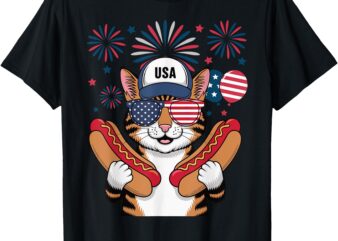 Funny Patriotic Cat Hotdog American USA Flag 4th Of July T-Shirt
