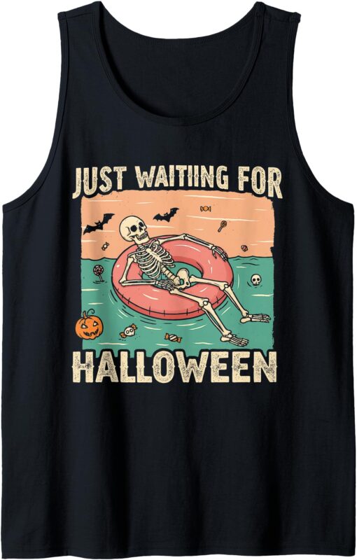 Just Waiting for Halloween Skeleton Pool Float Summerween Tank Top