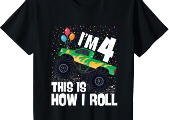 Kids I’m 4 Years Old 4th Birthday Boy Monster Truck Car T-Shirt
