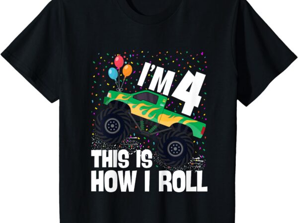 Kids i’m 4 years old 4th birthday boy monster truck car t-shirt