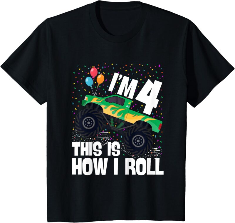Kids I’m 4 Years Old 4th Birthday Boy Monster Truck Car T-Shirt