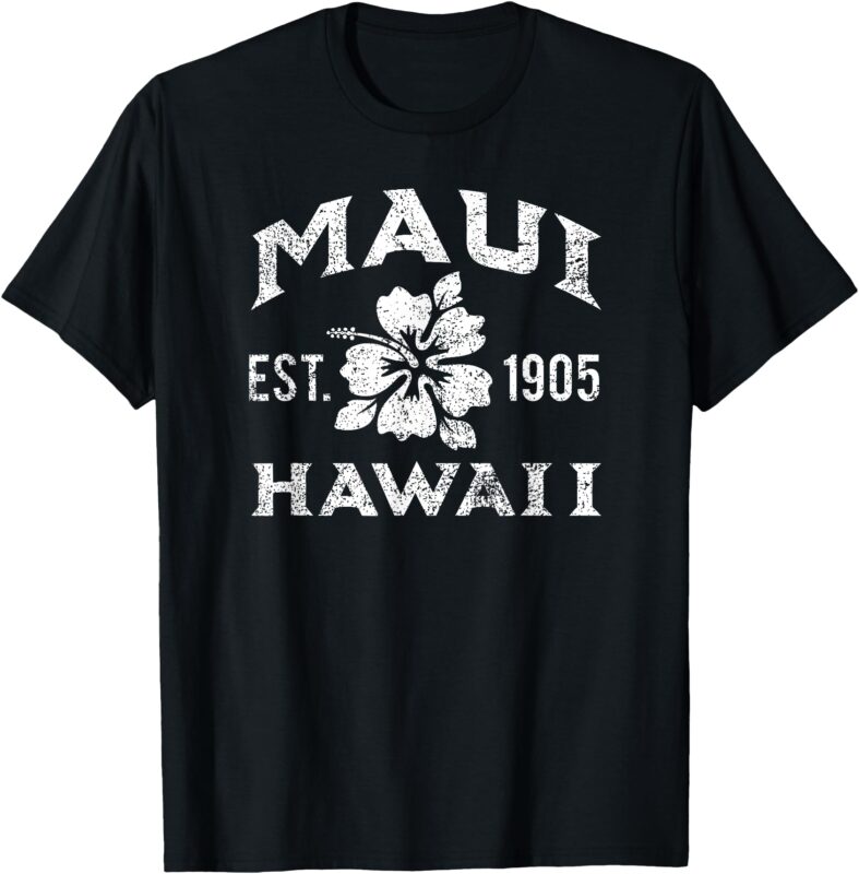Maui Hawaii Established 1905 Hibiscus Print Distressed T-Shirt