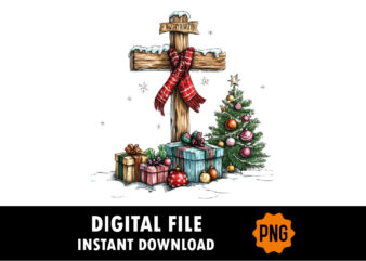 A cross with Christmas decorations gifts