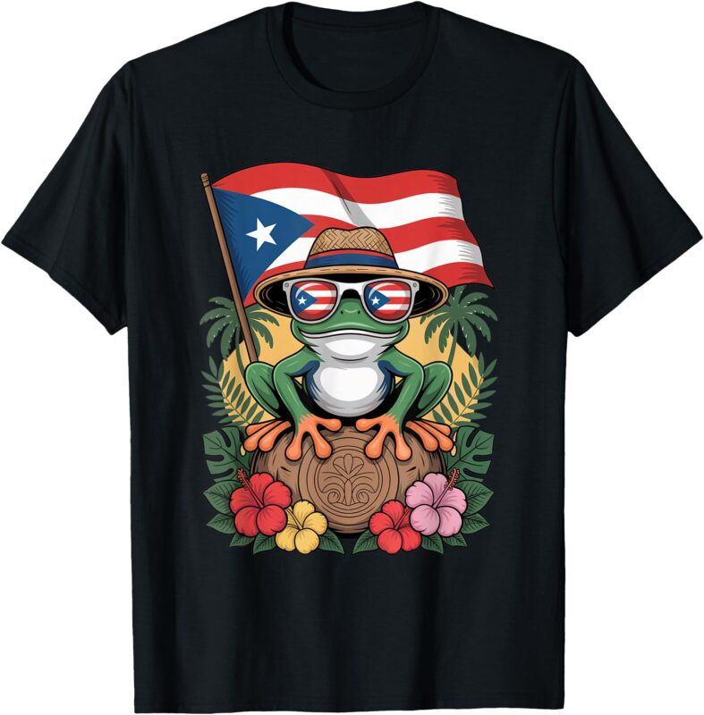 Puerto Rico Boricua Coqui Frog Taino Sun Puerto Rican Flag T-Shirt