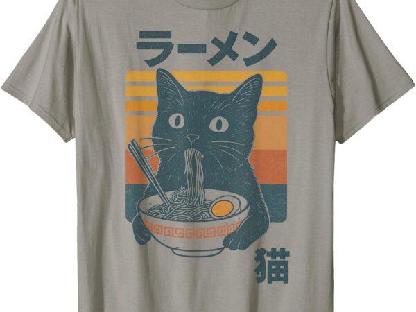 Retro cat eating ramen noodles anime girls boys men women t-shirt