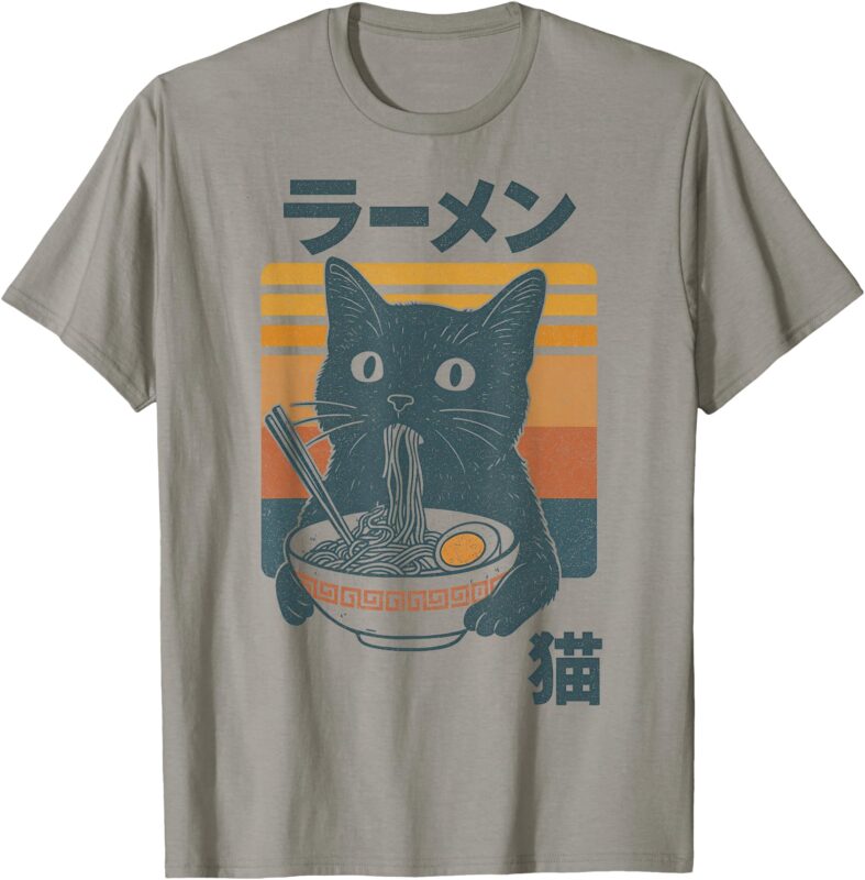 Retro Cat Eating Ramen Noodles Anime Girls Boys Men Women T-Shirt