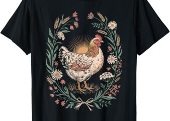 Retro Hen in Floral Frame Country Chicken Lover Artwork T-Shirt