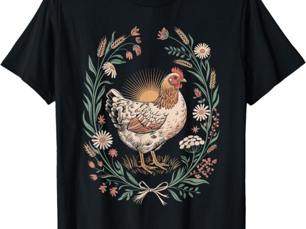 Retro hen in floral frame country chicken lover artwork t-shirt
