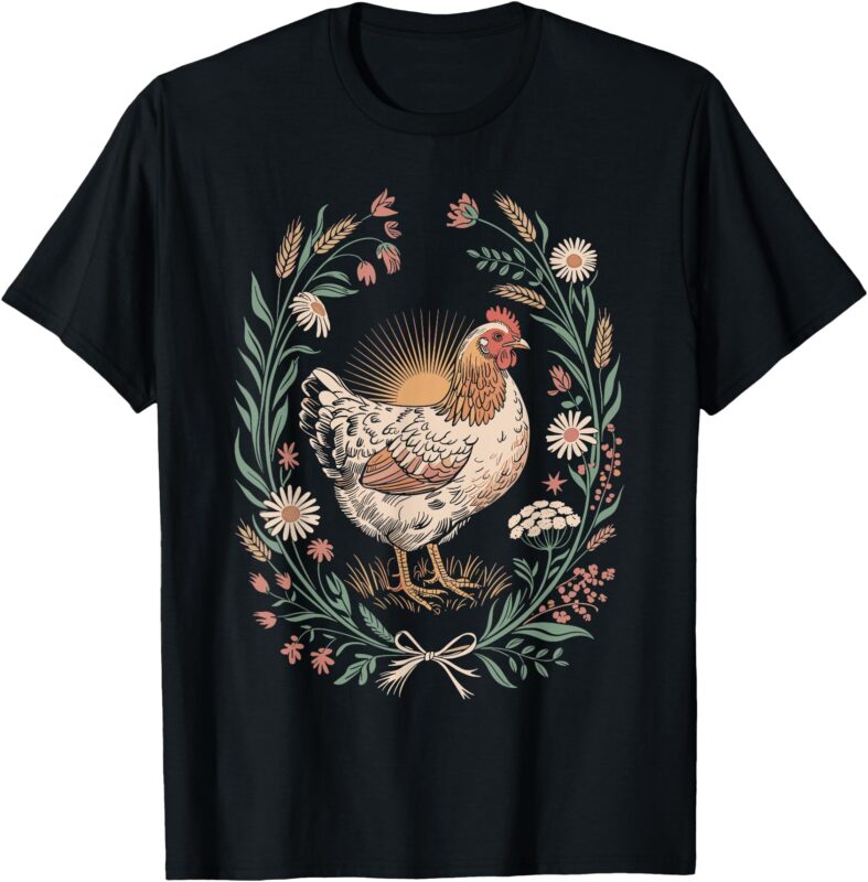 Retro Hen in Floral Frame Country Chicken Lover Artwork T-Shirt