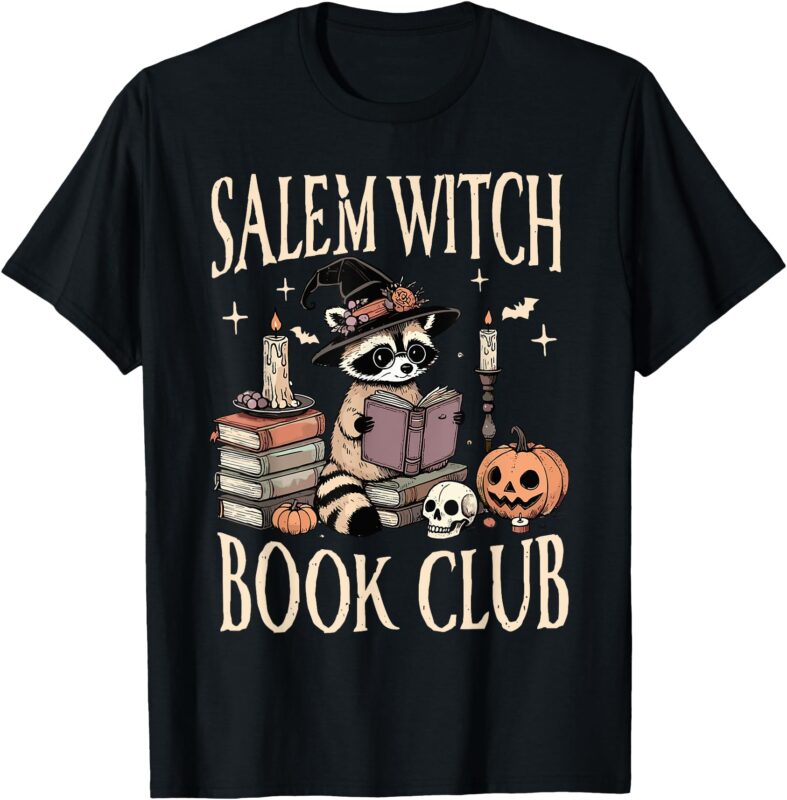 Salem WItch Book Club Halloween Raccoon Witch Reading Book T-Shirt
