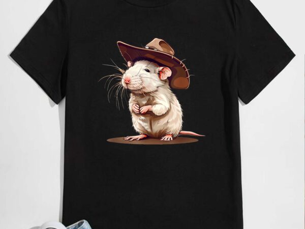 Saddle up with a white rat in cowboy hat emblem t-shirt design
