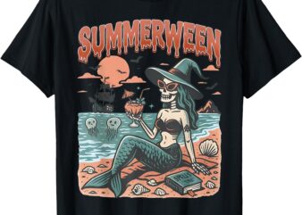 Summerween Mermaid Skeleton Beach Flamingo Halloween Girl T-Shirt