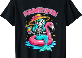 Summerween Mermaid Skeleton Halloween Flamingo Summer Vacay T-Shirt