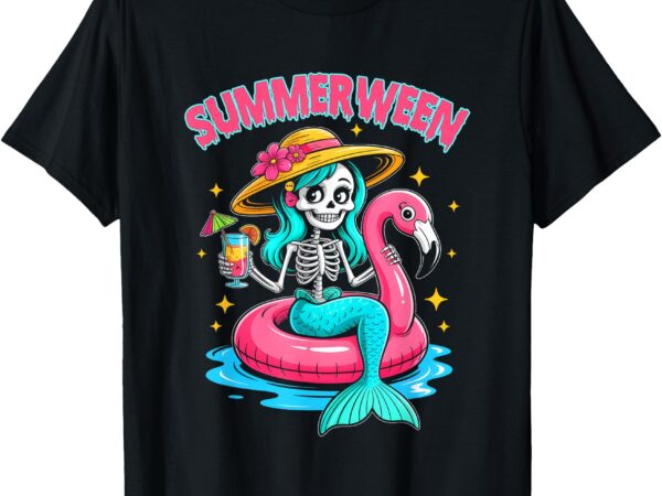 Summerween mermaid skeleton halloween flamingo summer vacay t-shirt