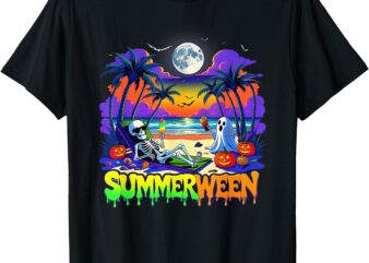 Summerween Skeleton Ghost Beach Funny Spooky Halloween T-Shirt