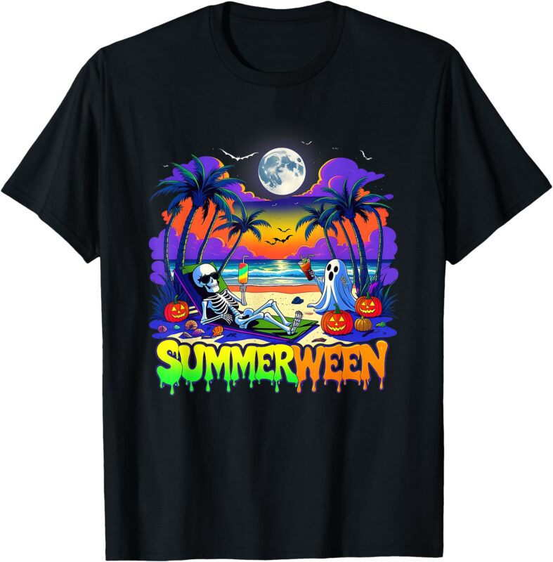Summerween Skeleton Ghost Beach Funny Spooky Halloween T-Shirt