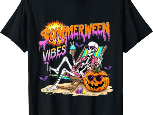 Summerween vibes skeleton pumpkin spooky vacation t-shirt