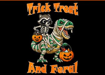 Skeleton Raccoon Riding Mummy Dinosaur Halloween PNG, Trick Treat And Feral Raccoon Halloween PNG
