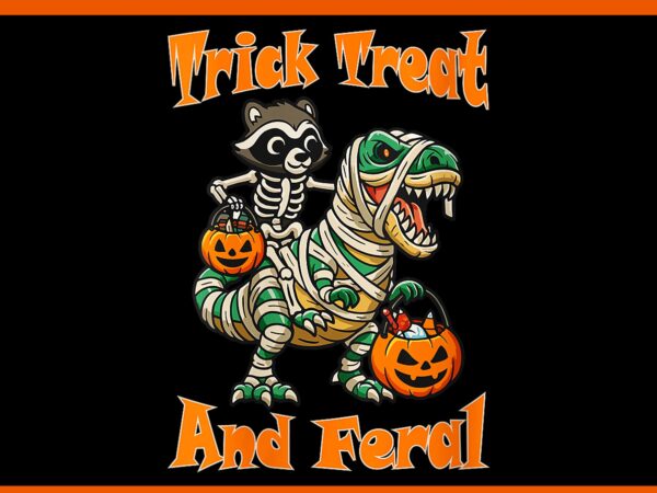 Skeleton raccoon riding mummy dinosaur halloween png, trick treat and feral raccoon halloween png t shirt template vector