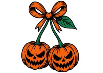Jack O Lantern Pumpkin Cherries Coquette Bow SVG, Jack O Lantern Pumpkin SVG, Jack O Lantern Cherries SVG