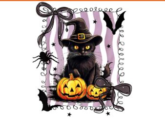 Spooky Witch Black Cat Halloween Coquette Bow Jack O Lantern PNG
