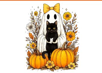 Vintage Halloween Ghost Holding Black Cat Groovy Floral PNG, Cat Groovy Floral PNG