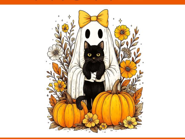 Vintage halloween ghost holding black cat groovy floral png, cat groovy floral png t shirt vector art