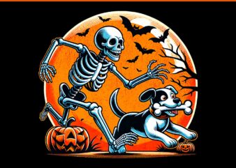 Dog Lovers Spooky Humor Halloween PNG, Skeleton Chasing Dog Halloween PNG