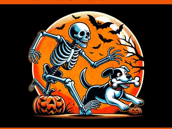 Dog lovers spooky humor halloween png, skeleton chasing dog halloween png t shirt vector illustration