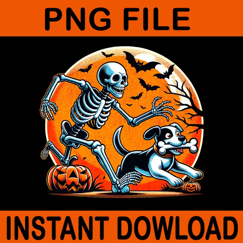Dog Lovers Spooky Humor Halloween PNG, Skeleton Chasing Dog Halloween PNG