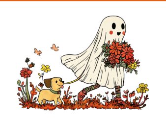 Dog Groovy Floral PNG, Vintage Ghost Walking Dog Floral Halloween Dog Mama PNG
