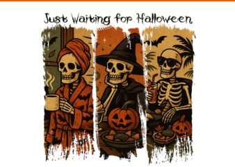 Just waiting for halloween skeleton png, cozy spooky season halloween png