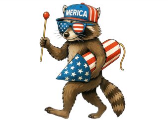 Racoon fireworks american flag patriotic 4th of july png, racoon 4th of july png