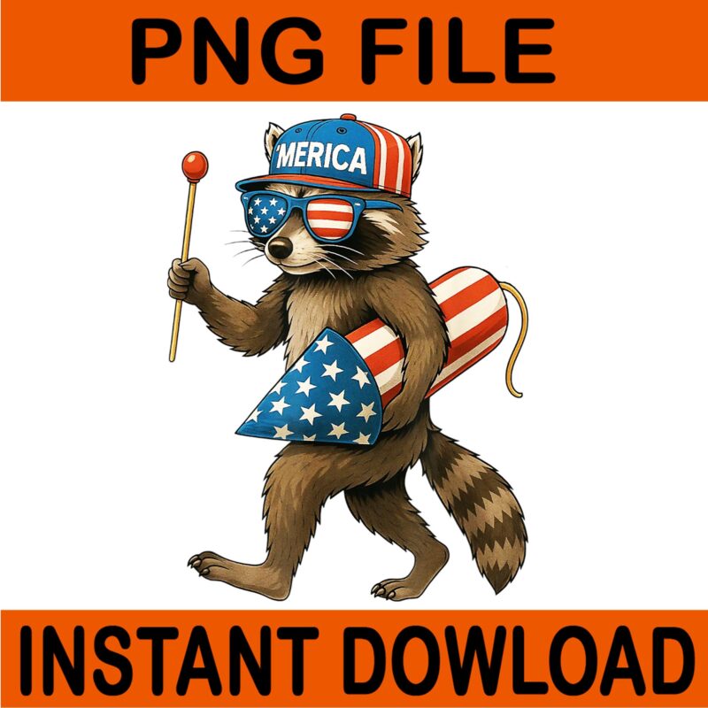 Racoon Fireworks American Flag Patriotic 4th Of July PNG, Racoon 4th Of July PNG