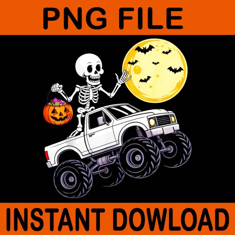Skeleton Riding Monster Truck Halloween PNG, Skeleton Halloween PNG
