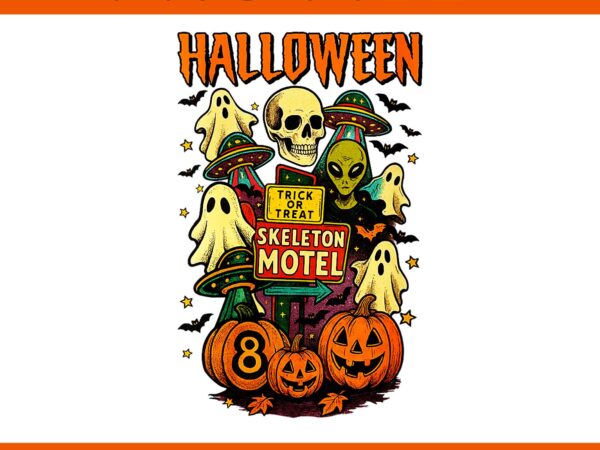 Skeleton motel ufo alien halloween ghost spooky season png t shirt template vector