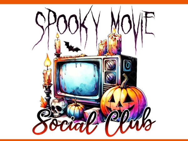 Spooky movie social club png, funny pumpkin skull happy halloween png t shirt template vector