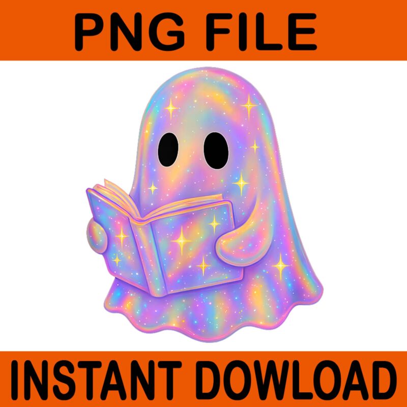 Ghost Reading Halloween PNG, Book Librarian Halloween Ghost PNG, Pastel Galaxy Ghost Halloween PNG