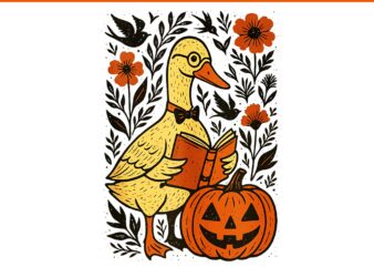 Bookish Halloween PNG, Goose Reader Book Trendy Spooky PNG, Goose Pumpkin Halloween PNG
