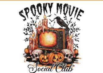 Spooky movie social club png, funny pumpkin skull happy halloween png