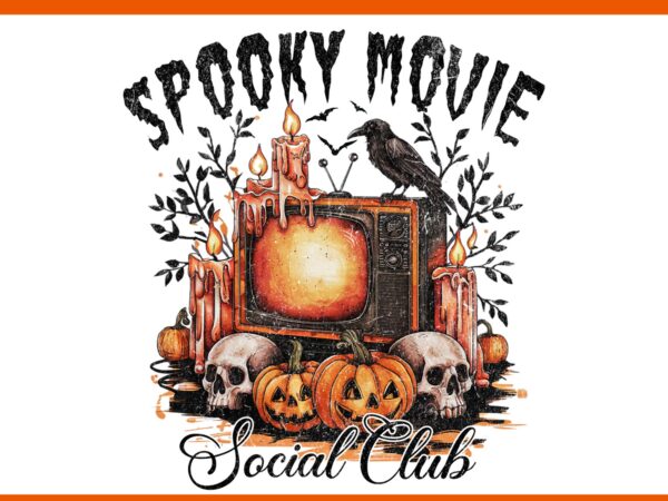 Spooky movie social club png, funny pumpkin skull happy halloween png t shirt template vector