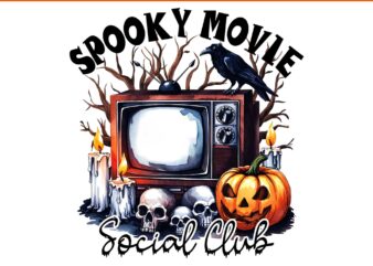 Spooky movie social club png, funny pumpkin skull happy halloween png