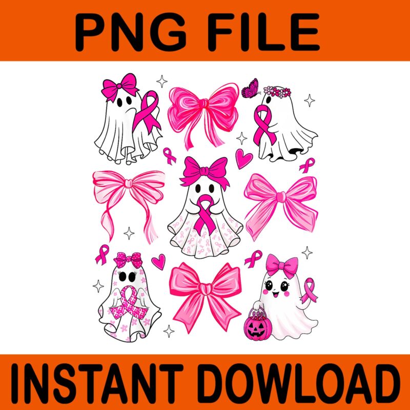 Breast Cancer Ghost Coquette Bow Halloween PNG, Coquette Bow Ghost Pink PNG
