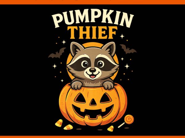 Pumpkin thief raccoon halloween png, cute fall candy raccoon halloween png t shirt illustration